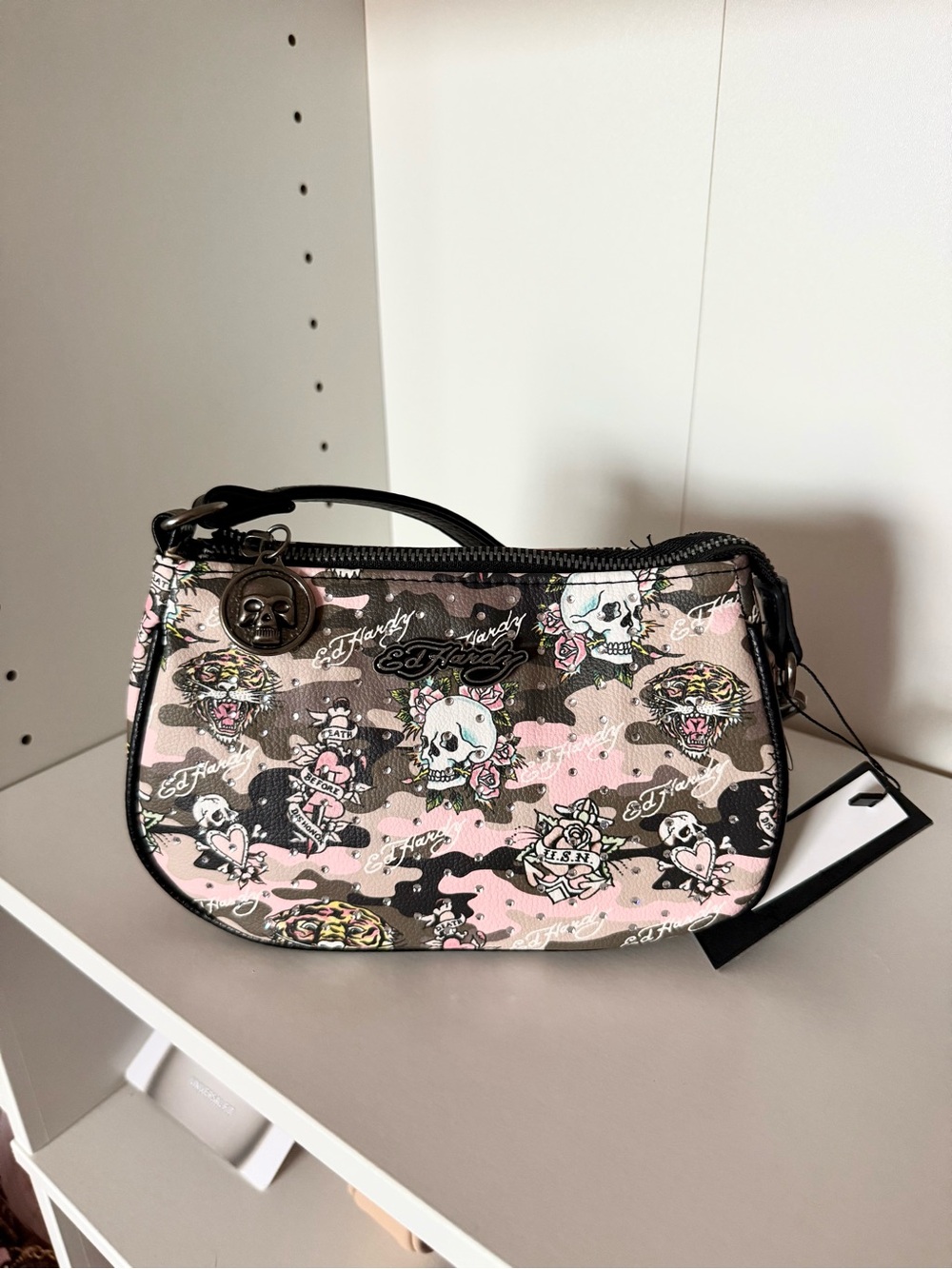 Ed Hardy Pink, Black & Brown Camouflage Wristlet with Skull Graphics